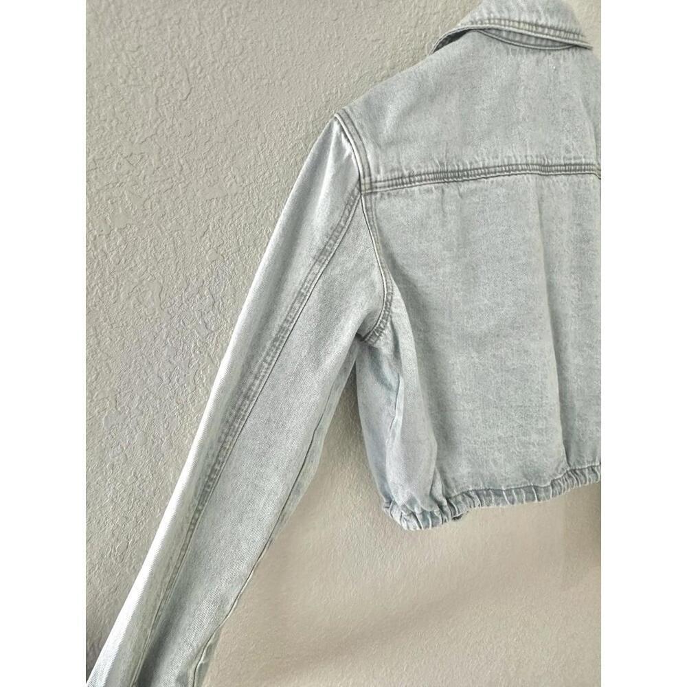 Mono B Women's Light-wash Denim Cropped Jean Jacket Pockets Drawstring Hem Small - Picture 6 of 14